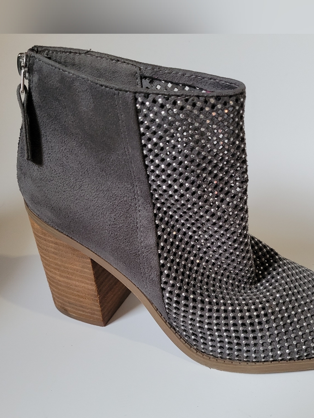 Madden Girl Rhinestone Mesh Ankle Bootie Gray Suede Block Heel Western Boho Glam